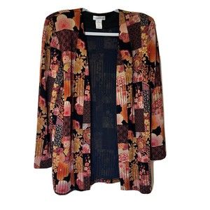 Draper's & Damon's Women Small Black Multi Kimono Floral Theme Open Cardigan Top